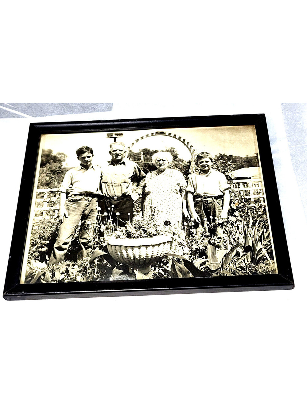 Vintage 8x10 Black White Family Portrait Photo Framed Garden Snapshot Americana